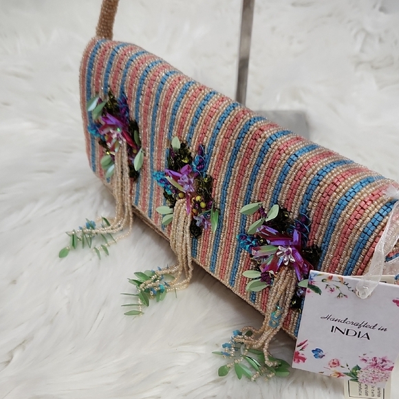 🔹️Made In india🔹️ Viral Floral Colorful Striped Beaded Fringe Shoulder Bag - Picture 6 of 10